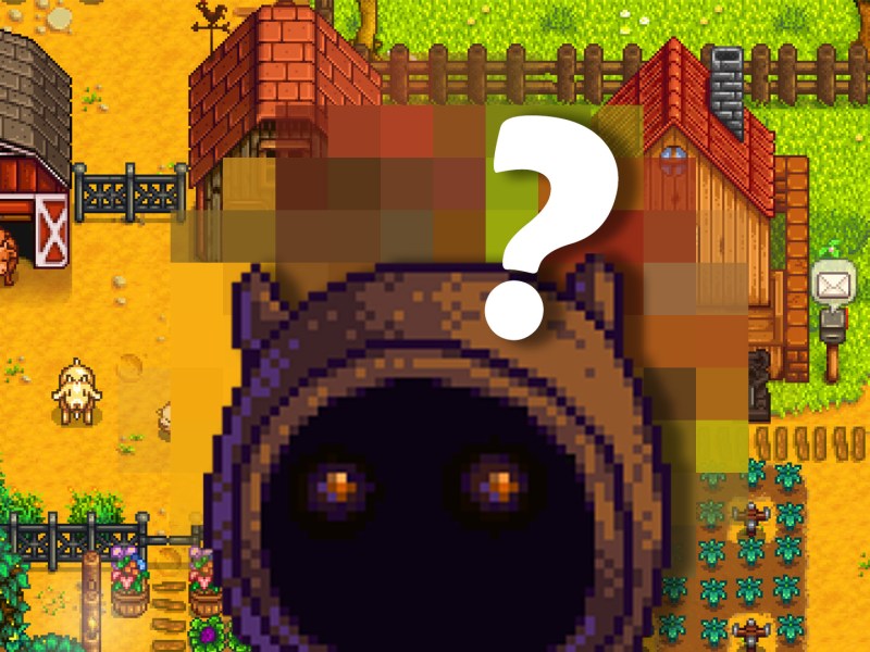 Zwerg aus Stardew Valley vor einem Screenshot der Farm mit einem Fragezeichen