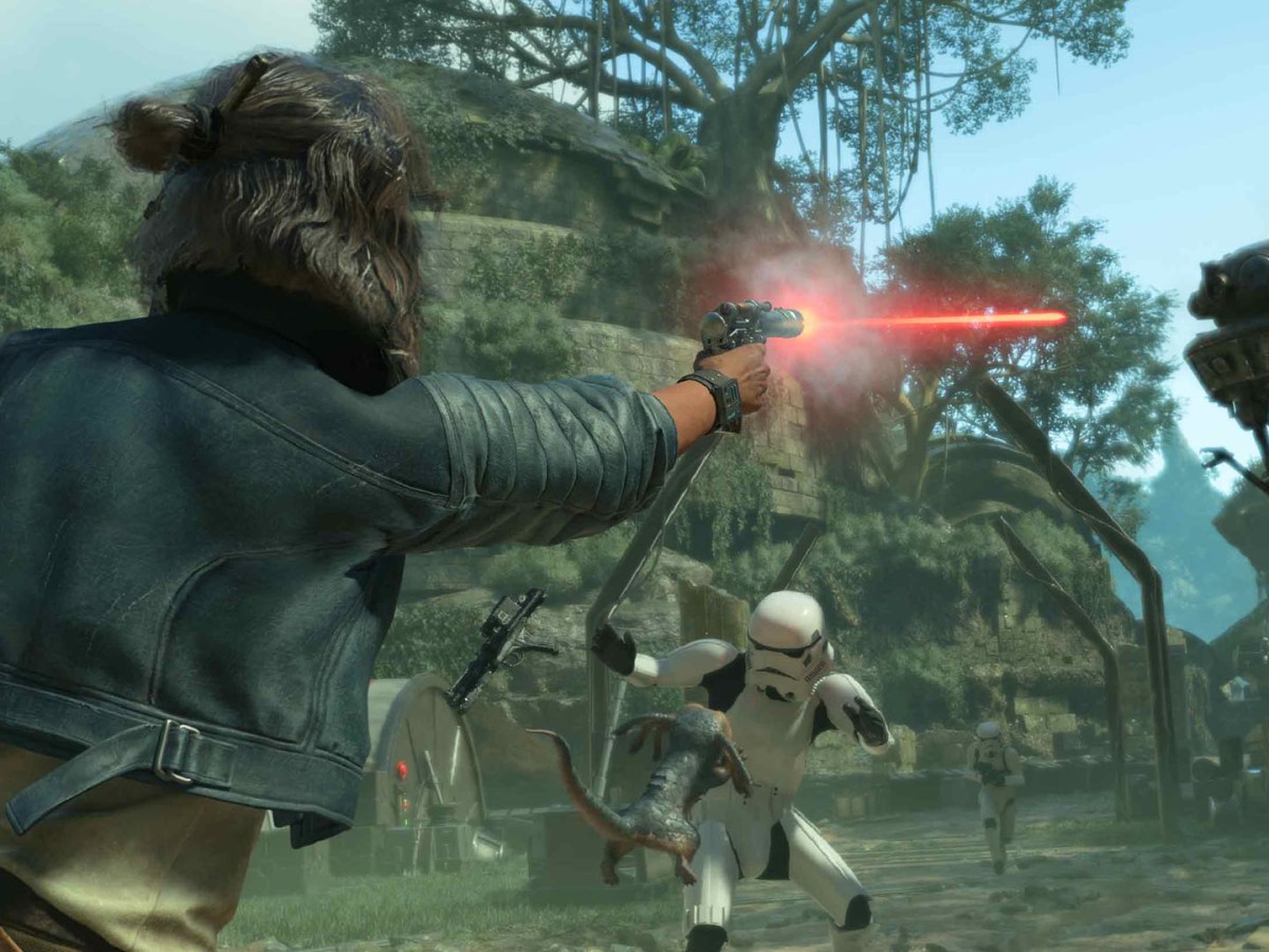 Screenshot aus Star Wars Outlaws. Protagonistin Kay Vess kämpft gegen Sturmtruppen.