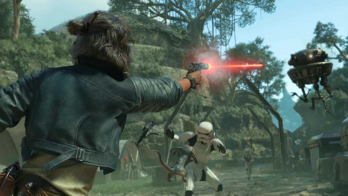 Screenshot aus Star Wars Outlaws. Protagonistin Kay Vess kÃ¤mpft gegen Sturmtruppen.