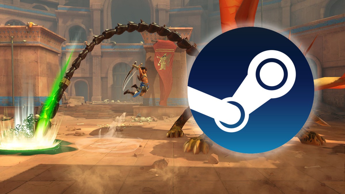 Screenshot aus Prince of Persia: The Lost Crown. Der Prinz springt, um einen Feind, eine Chimäre, anzugreifen. Das Steam Logo ist stattdessen sichtbar.