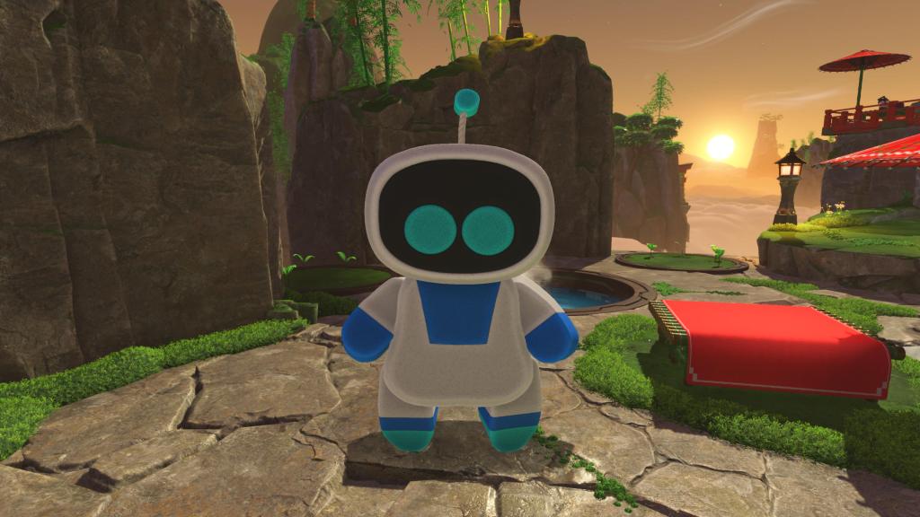 Astro Bot als Schwamm-Version in einer japanisch gehauchten Bade-Welt.