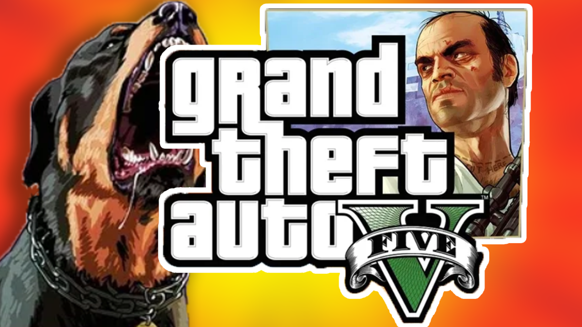 Eine Bildmontage, in deren Zentrum das Logo des Computerspiel Grand Theft Auto 5 (kurz: GTA 5) von Rockstar Games steht.