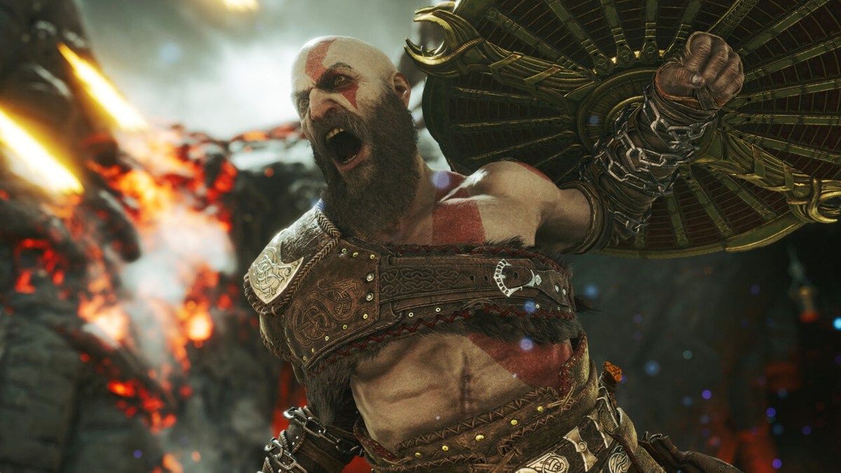 Screenshot aus God of War Ragnarök. Zu sehen ist Kratos, der gerade schreit.