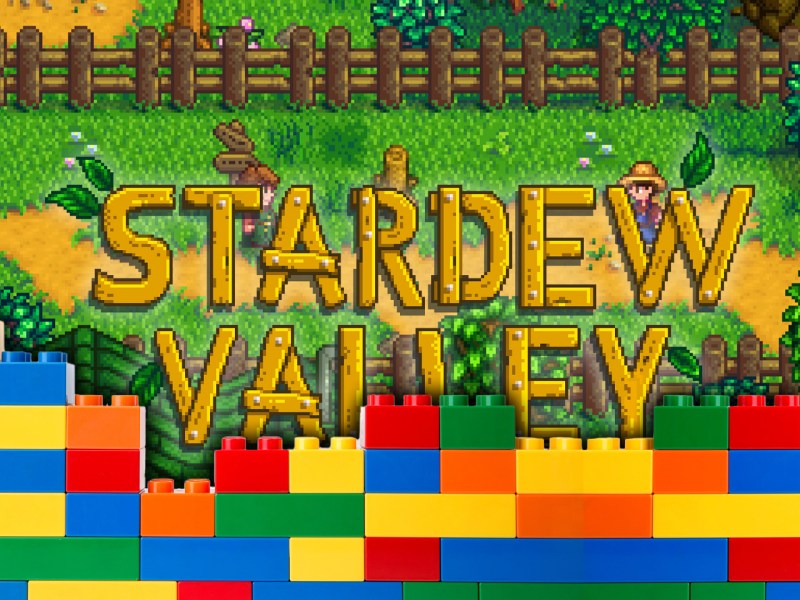 Stardew Valley Screenshot mit Logo und Mauer aus bunten LEGO-Steinen