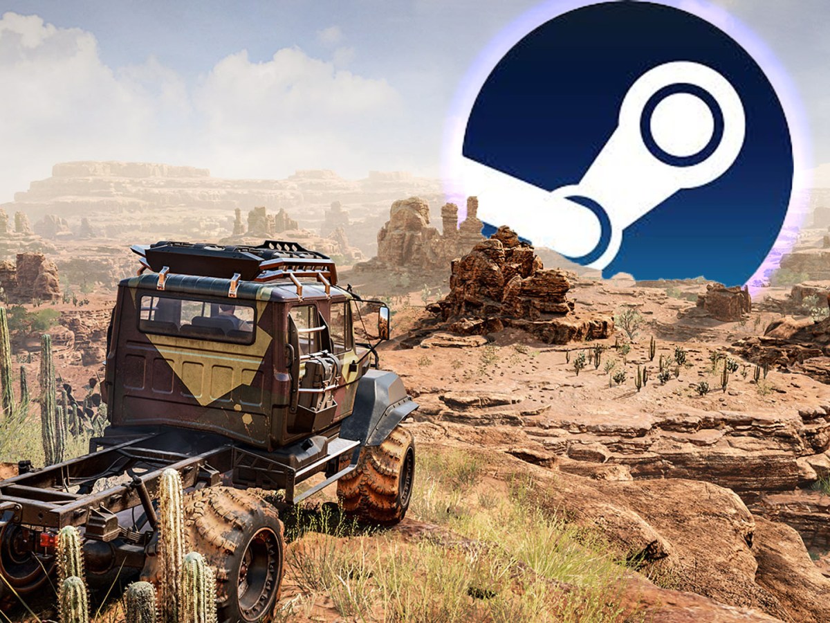 Screenshot aus Expeditions: A Mudrunner Game. Im Hintergrund sieht man das Steam Logo.