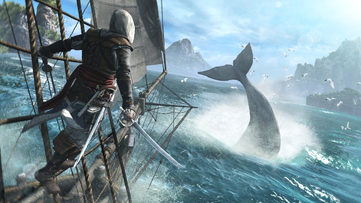 Screenshot aus Assassin's Creed 4: Black Flag. Zu sehen ist Edward Kenway auf einem Schiff, vor ihm taucht gerade ein Wal ab.