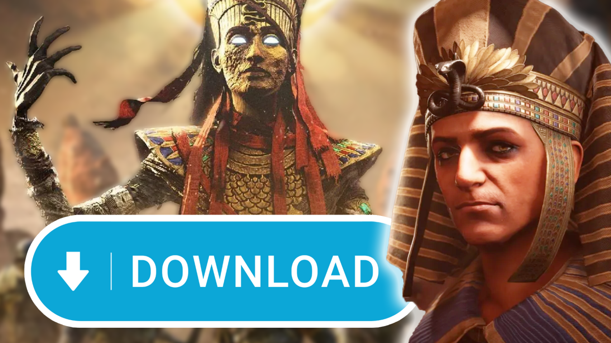 Eine Bildmontage, die einige Charaktere aus dem Videospiel Assassin's Creed Origins von Ubisoft zeigt - und auch: einen Download-Button.