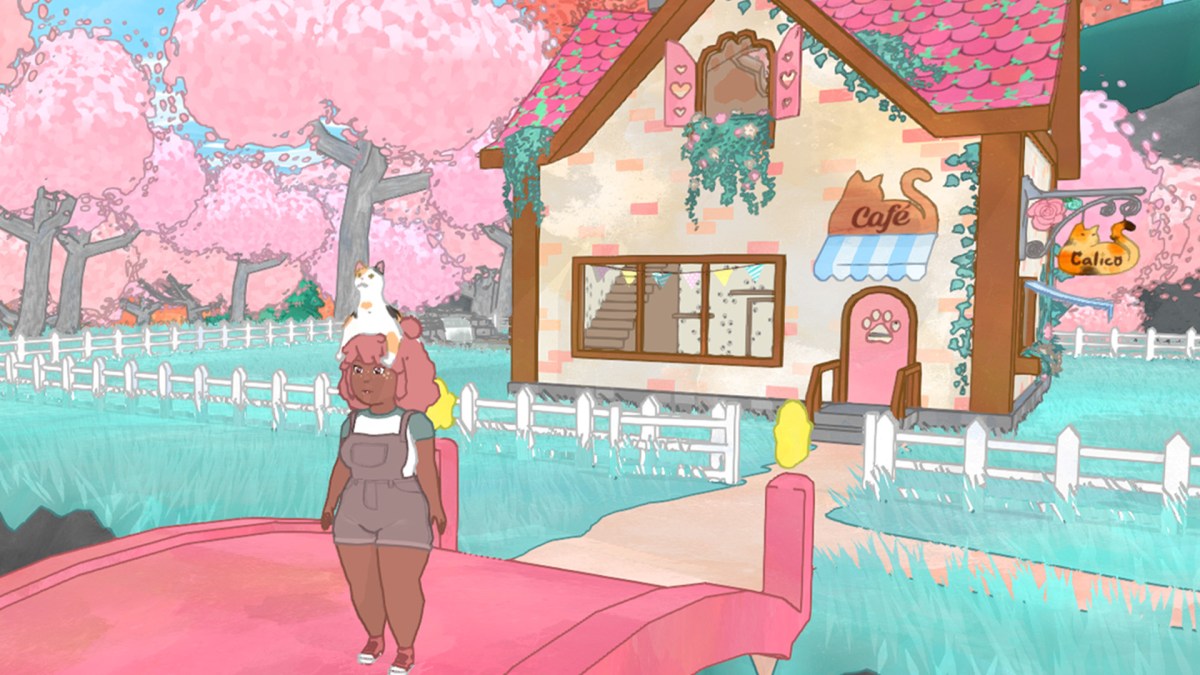 Screenshot aus dem Spiel Calico mit dem Café und Charakter mit Katze auf dem Kopf