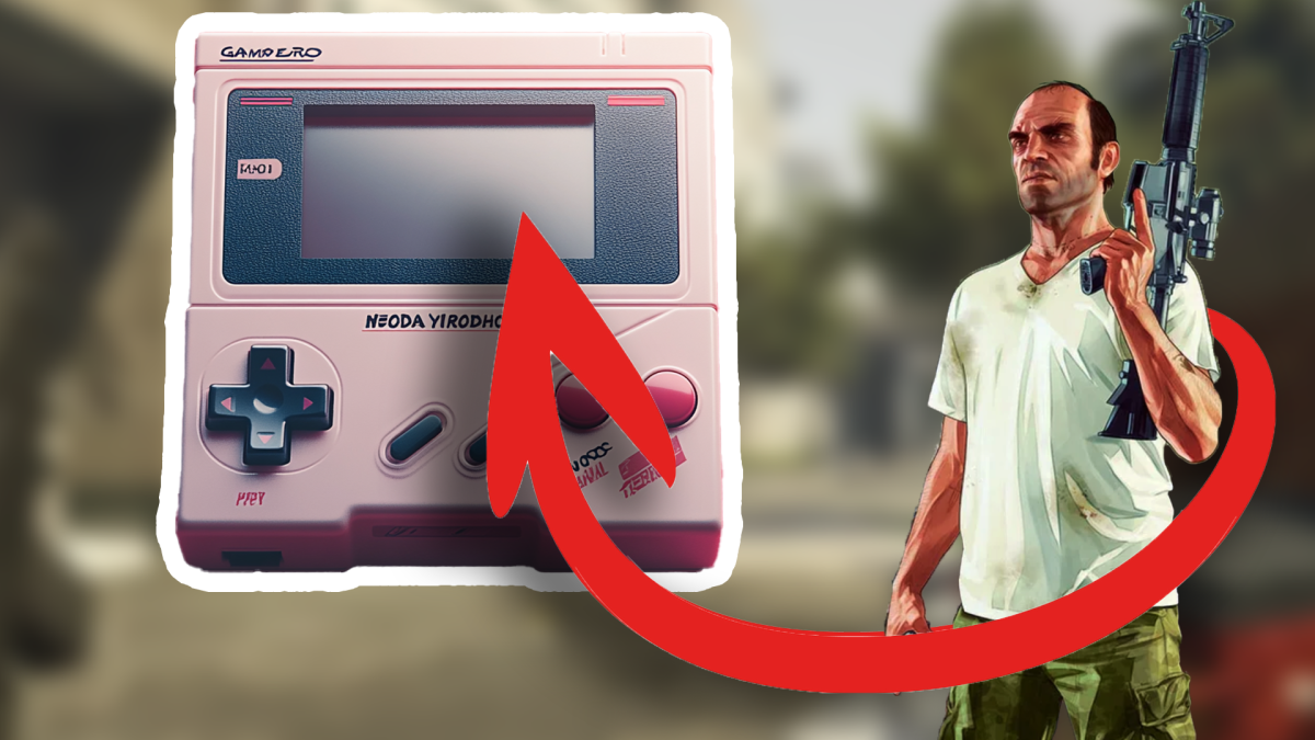 Ein Bildmontage, in der eine Gameboy-artige Spielekonsole im Bildvordergrund steht - und ein Antiheld aus dem Spiel GTA 5.