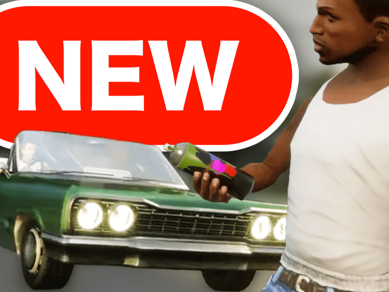 Eine Bildmontage, die Carl Johnson aus GTA San Andreas zeigt - zusammen mit einem PKW.