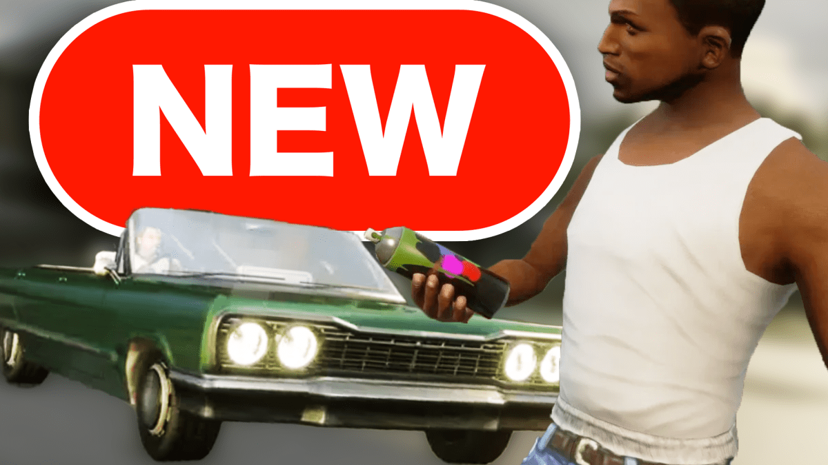 Eine Bildmontage, die Carl Johnson aus GTA San Andreas zeigt - zusammen mit einem PKW.