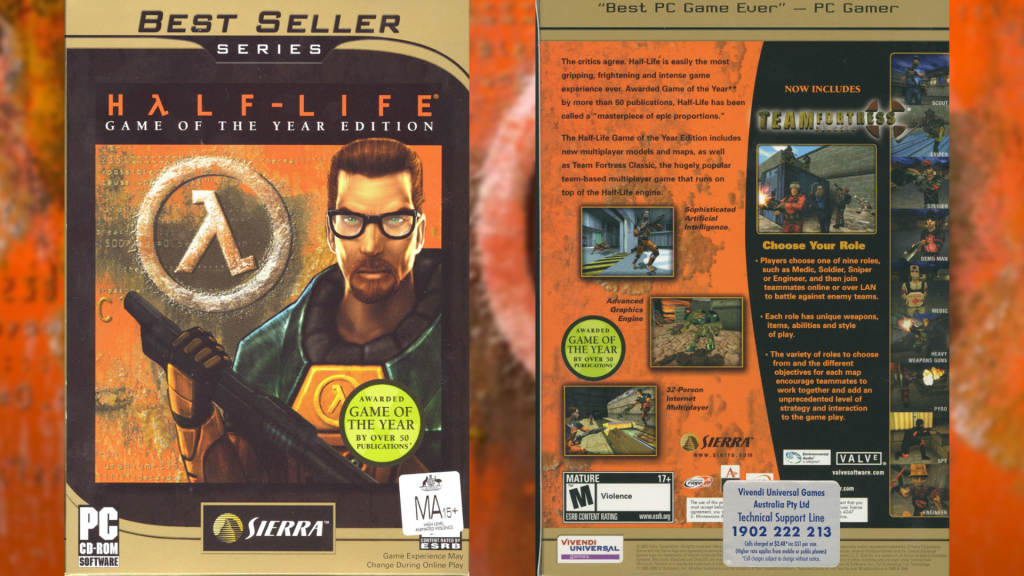 Eine Bildmontage, die Vorder- und Rückseite der Game of the Year-Edition von Half-Life zeigt.