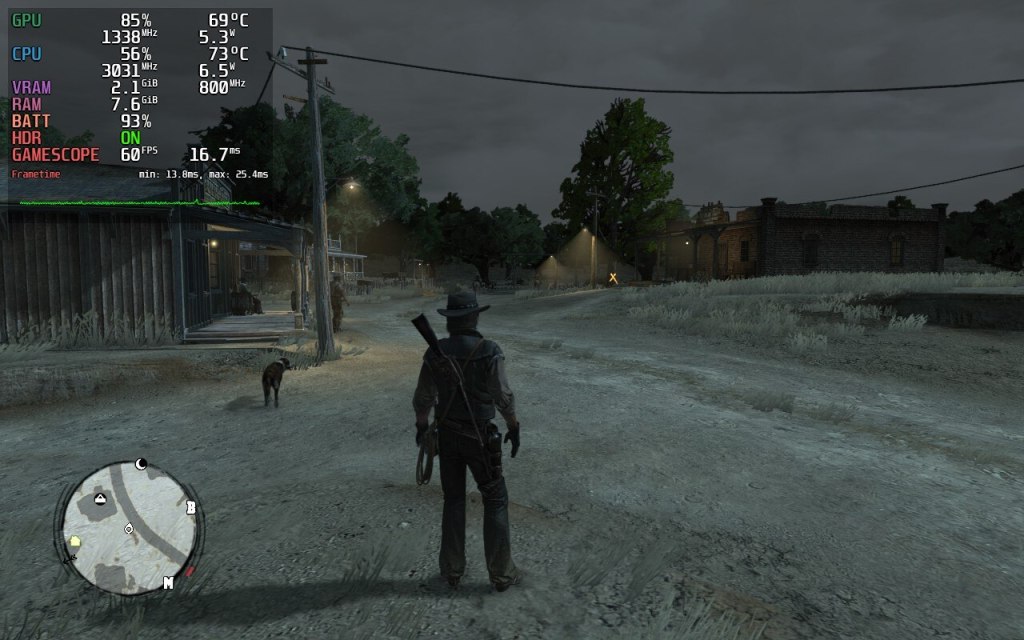 Screenshot von Red Dead Redemption auf dem Steam Deck mit eingeblendeter Performance-Anzeige.