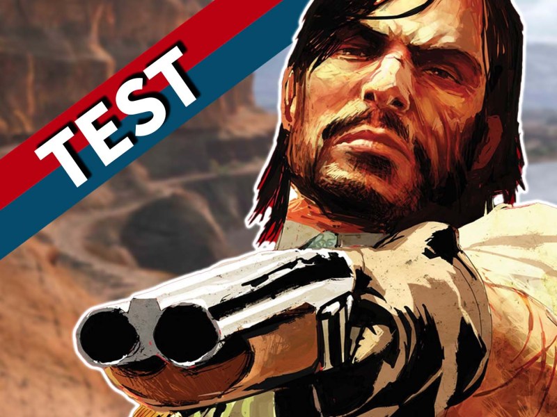 Artwork aus Red Dead Redemption mit John Marston im Vordergrund. Links oben ist das 4P-Testbanner zu sehen.