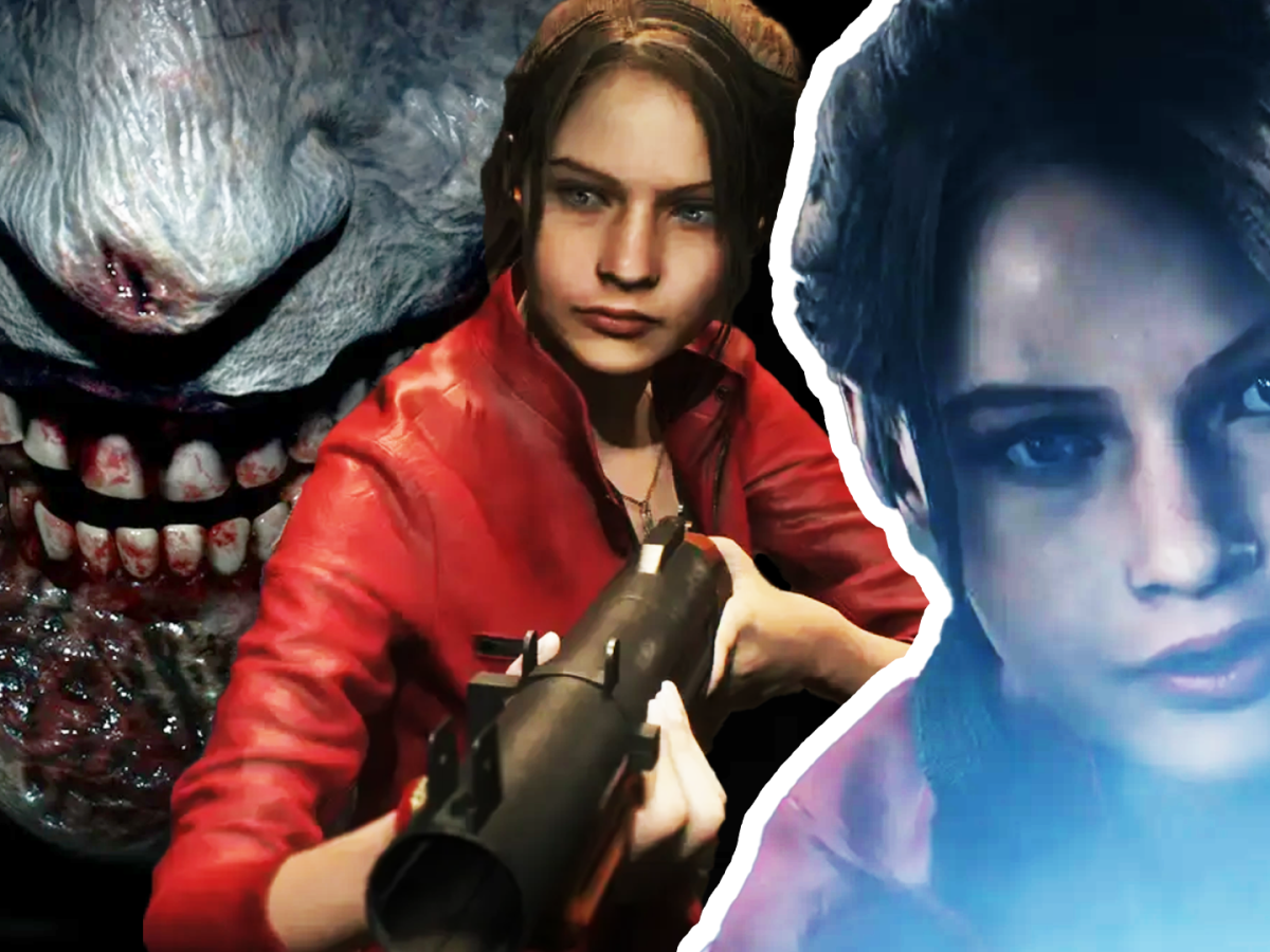 Bildmontage, in deren Zentrum der fiktionale Charakter Claire Redfield aus dem Survival Horror-Sipel Resident Evil 2 steht.