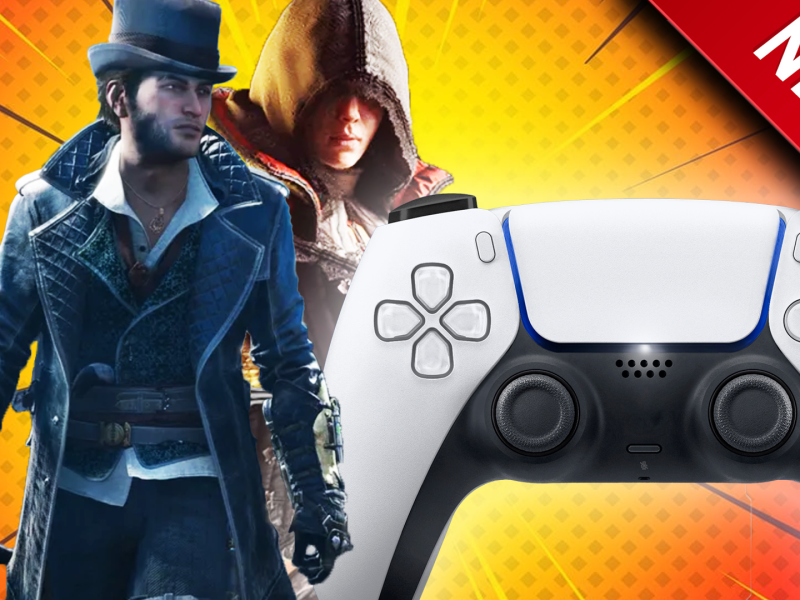 Eine Bildmontage, mit den beiden Held*innen Evie und Jacob Frye aus Assassin's Creed Syndicate. Neben den beiden ist ein PlayStation-5-Controller zu sehen.