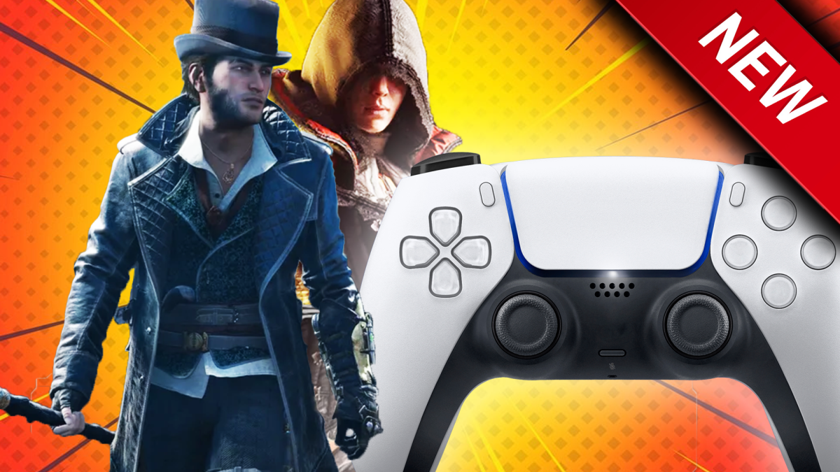 Eine Bildmontage, mit den beiden Held*innen Evie und Jacob Frye aus Assassin's Creed Syndicate. Neben den beiden ist ein PlayStation-5-Controller zu sehen.