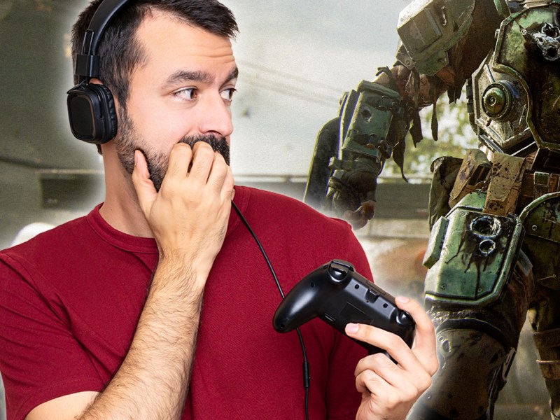 NervÃ¶ser Mann mit Controller und Headset vor Call of Duty: Black Ops 6 Screenshot