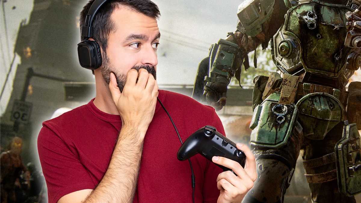 NervÃ¶ser Mann mit Controller und Headset vor Call of Duty: Black Ops 6 Screenshot