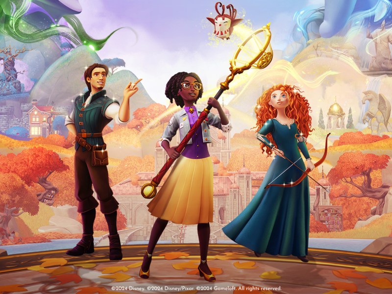 Flynn Rider und Merida mit Spielercharakter in Disney Dreamlight Valley