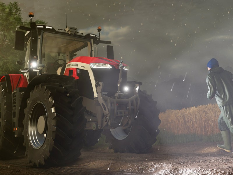 Bild vom Landwirtschafts-Simulator 25 mit einem Traktor im Regen