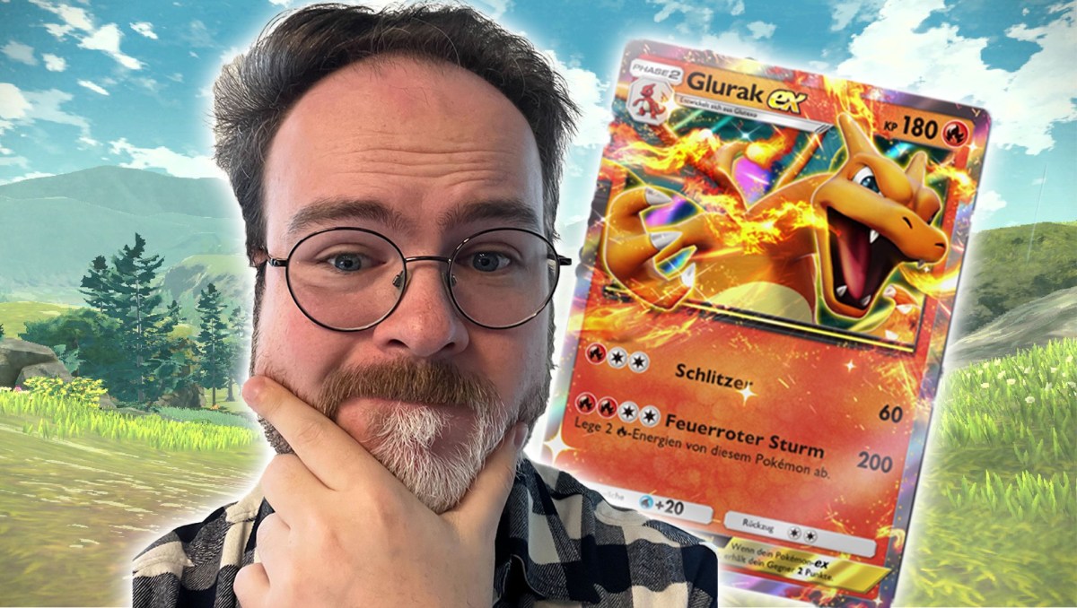 Das Gesicht von Redakteur Jonas neben einer Glurak Ex-Karte aus PokÃ©mon TCG Pocket.