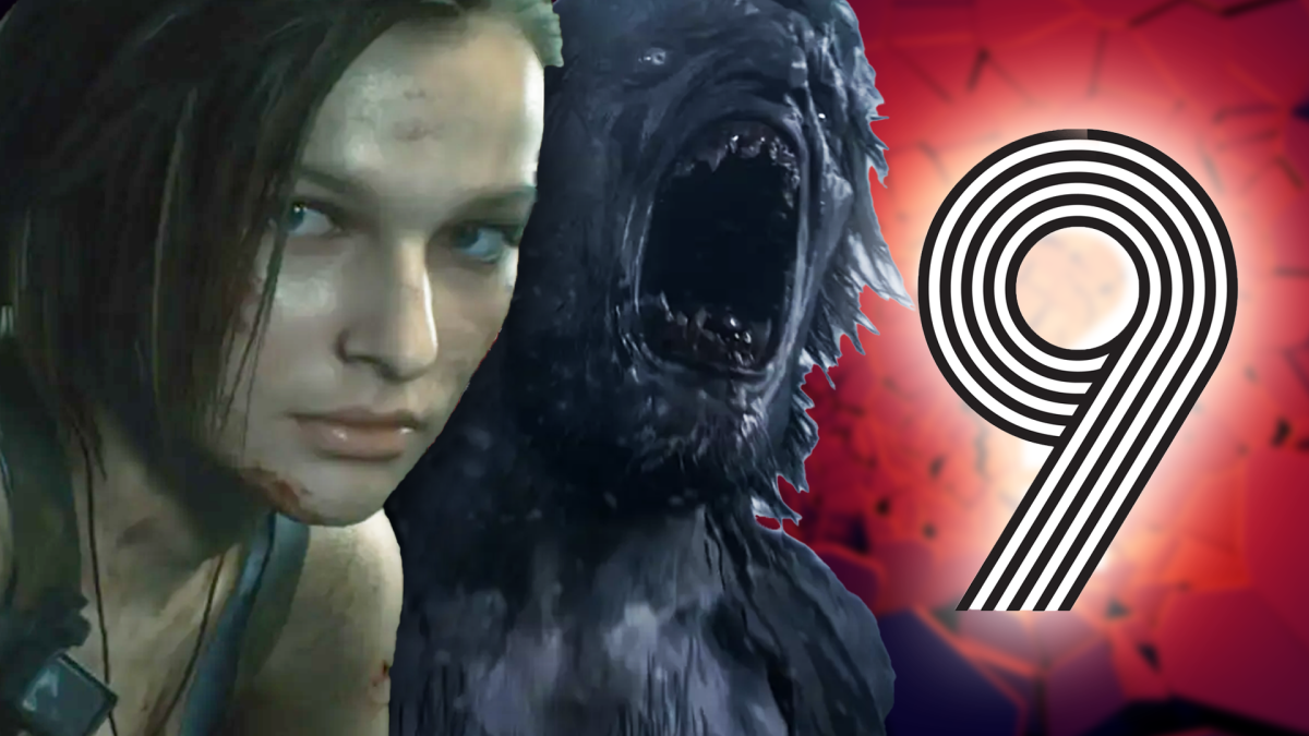 Eine Bildmontage, die Jill Valentine zeigt, außerdem einen Lycan aus Resident Evil Village und ein große, fette Ziffer neun.