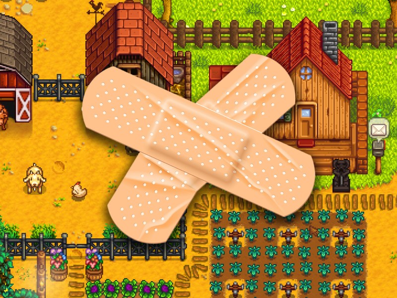 Screenshot aus Stardew Valley und zwei Ã¼bereinander gelegte Pflaster