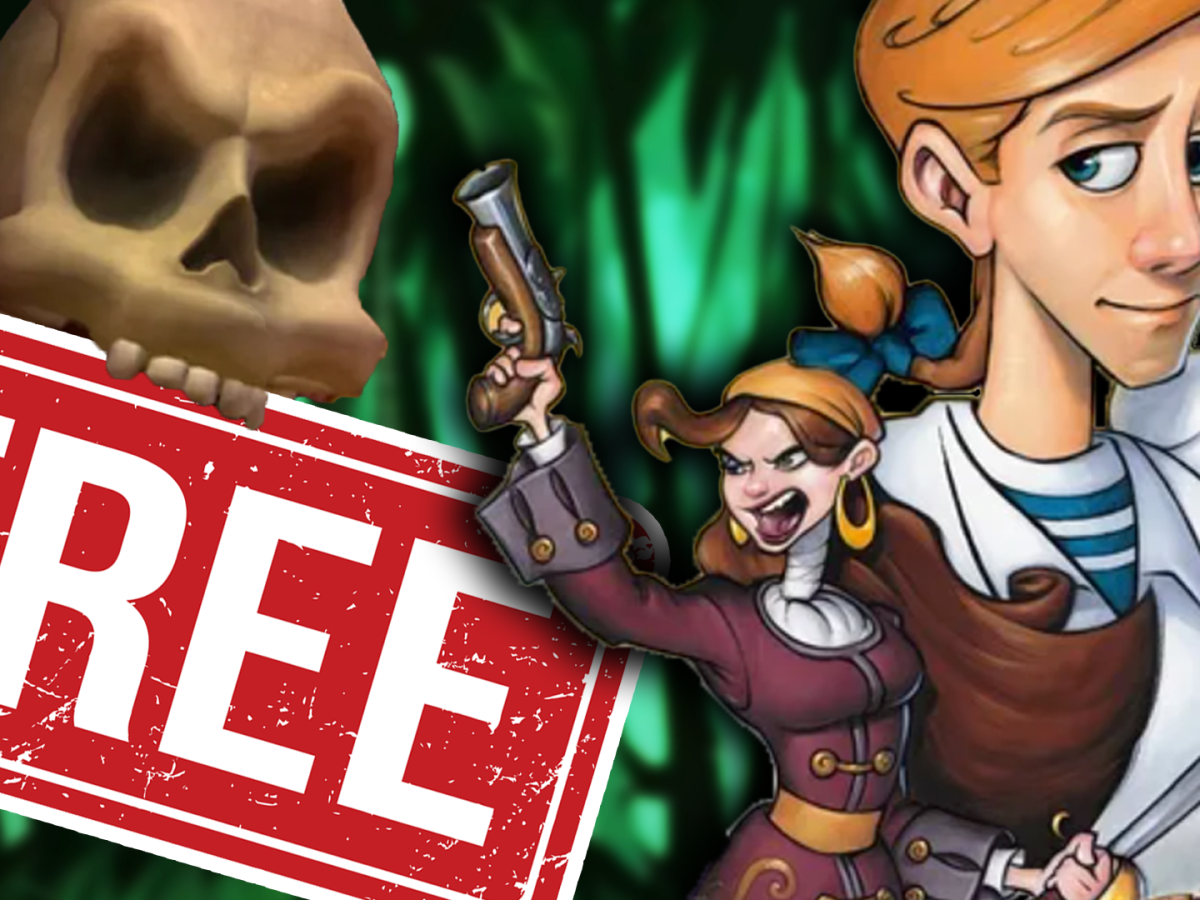 Eine Bildmontage, die Elaine Marley, Guybrush Threepwood und den dämonischen Totenschädel Murray zeigt - Charaktere aus den Monkey Island-Spielen.