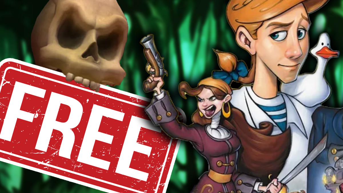 Eine Bildmontage, die Elaine Marley, Guybrush Threepwood und den dämonischen Totenschädel Murray zeigt - Charaktere aus den Monkey Island-Spielen.