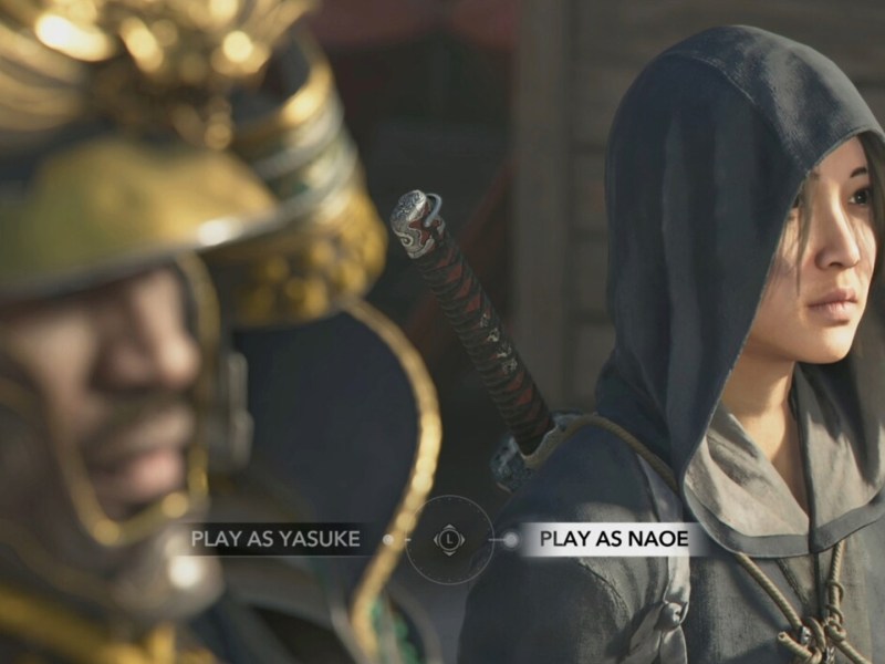 Screenshot aus Assassin's Creed Shadows, bei dem euch die Wahl gelassen wird, ob ihr Naoe oder Yasuke spielt.