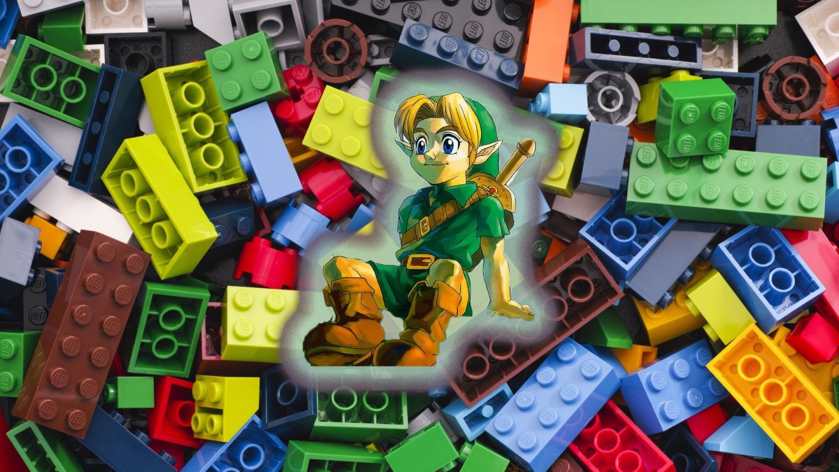 Fotomontage von Link aus Ocarina of Time vor einem Haufen Legosteinen