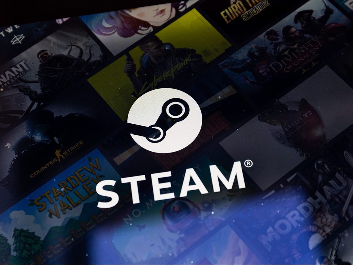 Logo der Plattform Steam auf einem Bildschirm.