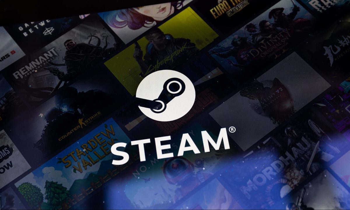 Logo der Plattform Steam auf einem Bildschirm.