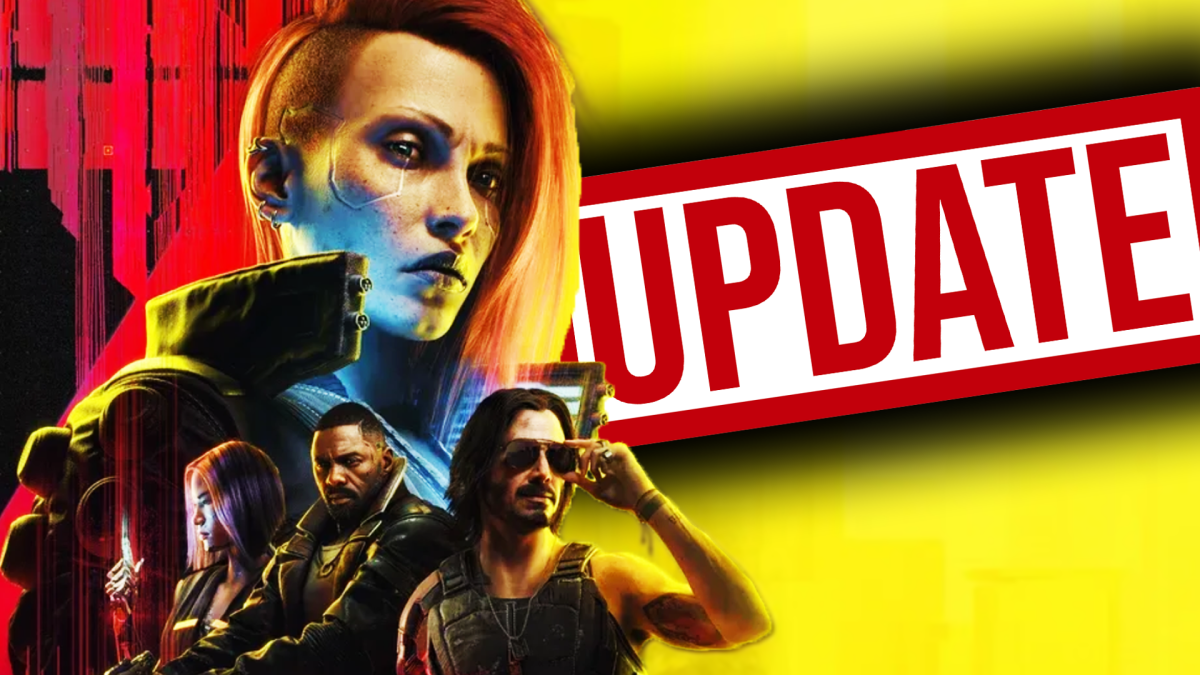 Eine Bildmontage, die einen bunten StrauÃŸ Charaktere aus Cyberpunk 2077 zeigt - daneben: Ein roter Update-Button.