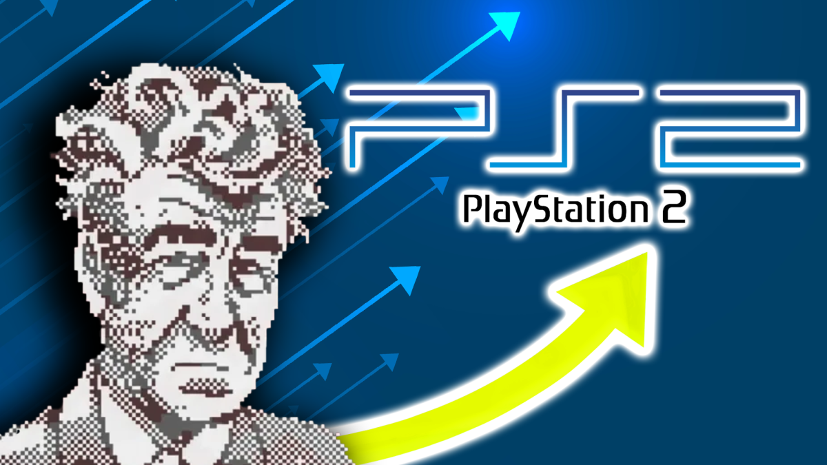 Eine Bildmontage, die eine verpixelte Version von David Lynch zeigt. Daneben: Die Wortmarke der PlayStation 2.