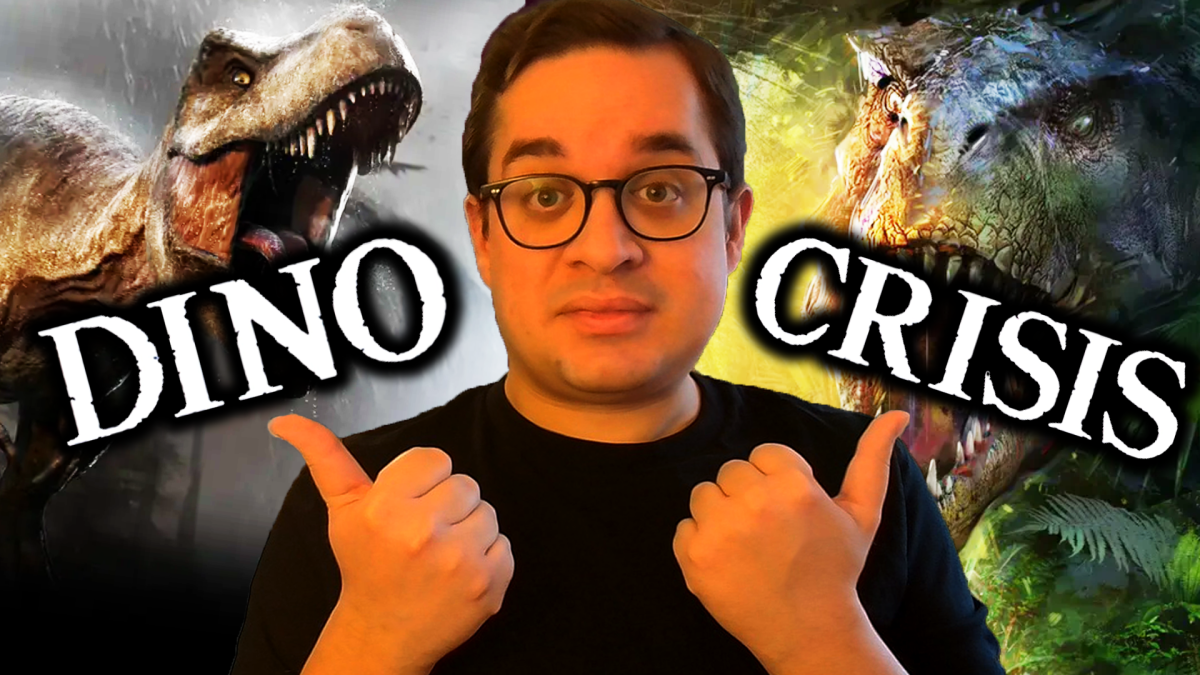 Eine Bildmontage, die einen Redakteur des Spielemagazin 4P zeigt - daneben: jeweils ein Raubsaurier aus den Spielen Carnivores: Dinosaur Hunter und Jurassic World Evolution. Auch zu sehen: Der Dino Crisis-Schriftzug.