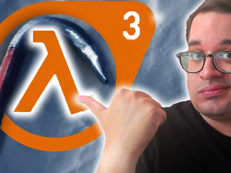 Eine Bildmontage, die einen Redakteur des Spielemagazins 4P zeigt, das Half-Life-Logo und die Brechstange von Gordon Freeman.