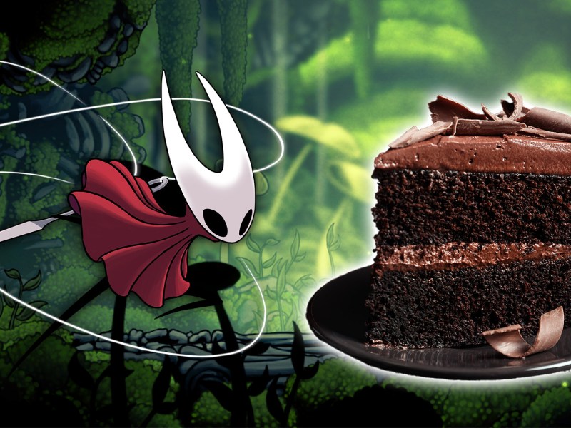 Ein Screenshot von Hollow Knight Silksong mit einem StÃ¼ck Schokokuchen darauf.