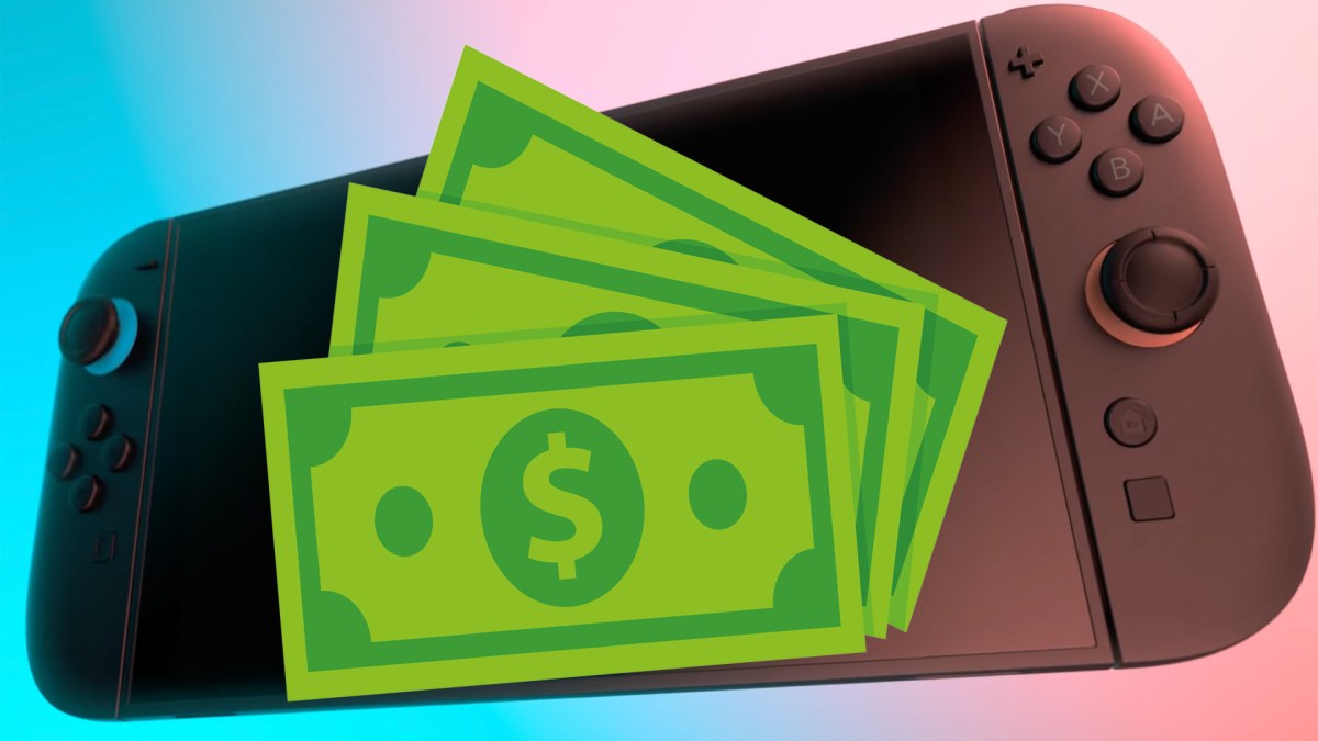 Bild von der Nintendo Switch 2. Versehen mit comichaften US-Dollar-Scheinen.