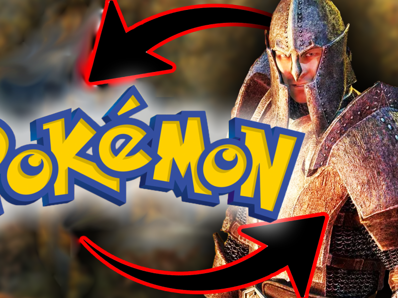 Eine Bildmontage, die den PokÃ©mon-Schriftzug zeigt und einen Ritter-Charakter aus einem The Elder Scrolls-Rollenspiel.