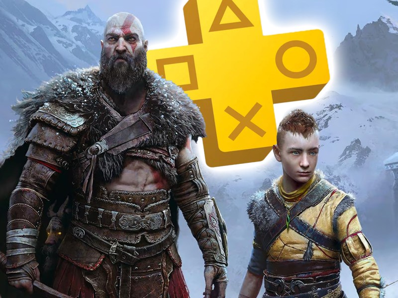 Screenshot aus God of War RagnarÃ¶k, versehen mit dem PS Plus Logo.