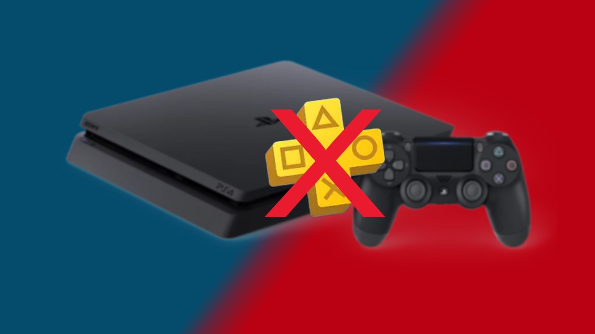 Foto der PlayStation 4 versehen mit einem mit X durchgestrichenen Logo von PS Plus.