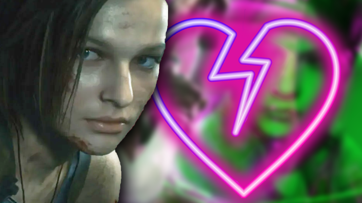 Eine Bildmontage, die Jill Valentine aus Resident Evil 3 Remake zeigt. Daneben: Ein zerbrochenes Herz in Neon-Optik.