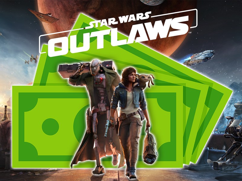 Ein Artwork von Star Wars Outlaws mit Geldscheinen dahinter.