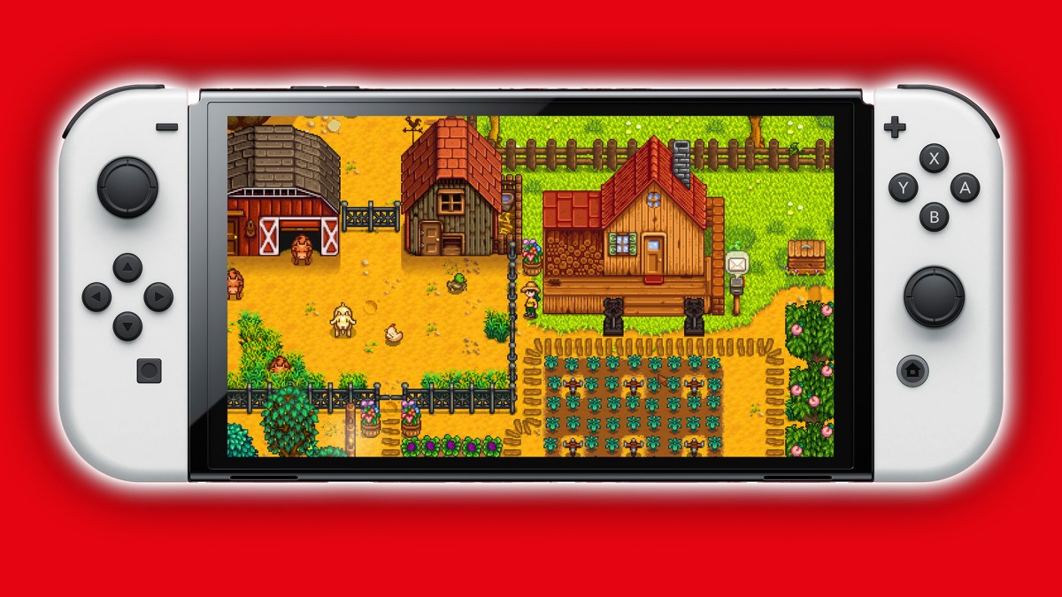 Eine Nintendo Switch mit Stardew Valley drauf und rotem Hintergrund.