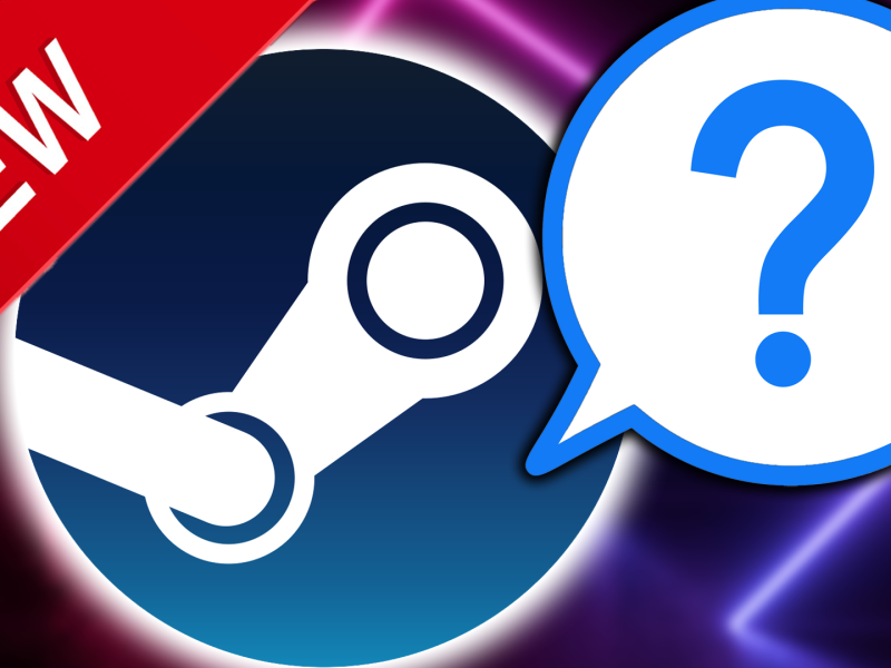 Eine Bildmontage, bestehend aus dem Steam-Logo, einem groÃŸen Fragezeichen und einem News-Wimpel.