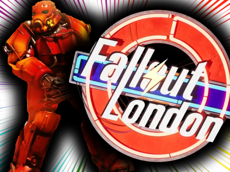 Eine Bildmontage, die das Logo von Fallout London zeigt und ein Mitglied der StÃ¤hlernen Bruderschaft im roten Power-Anzug.