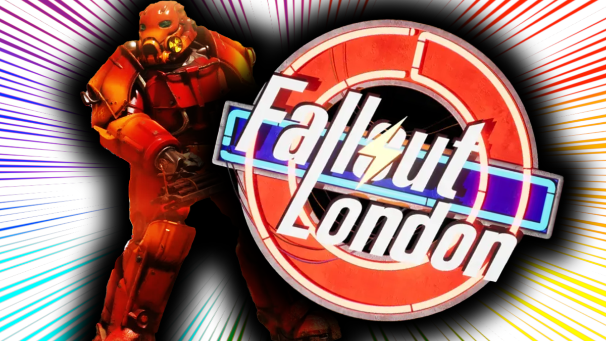 Eine Bildmontage, die das Logo von Fallout London zeigt und ein Mitglied der StÃ¤hlernen Bruderschaft im roten Power-Anzug.