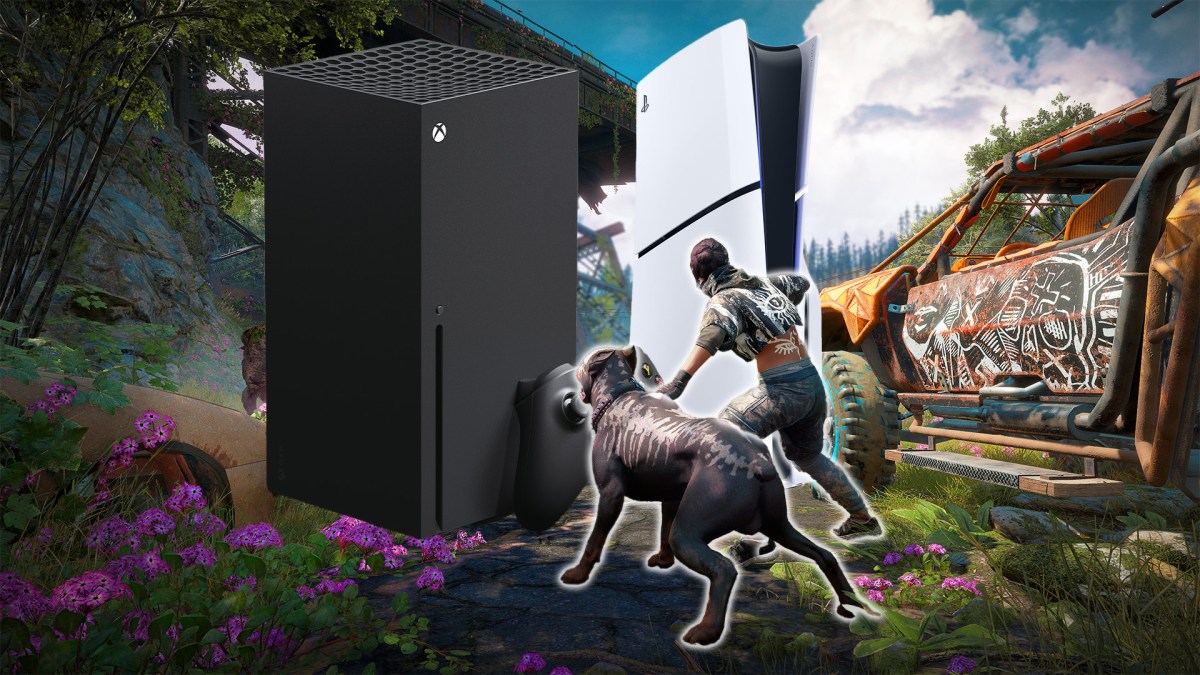 Bildmontage: Artwork von Far Cry New Dawn versehen mit der PS5 und Xbox Series X|S.